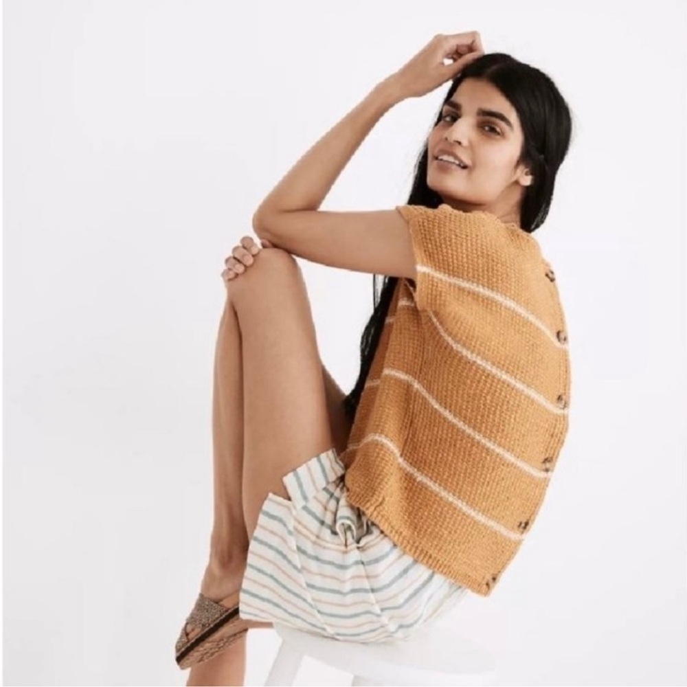 Madewell Mustard striped Boatneck Button Back 100% cotton sweater size small